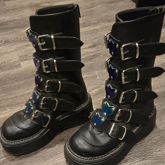 Black Combat Boots with Heart Accents - Picture 2 of 3